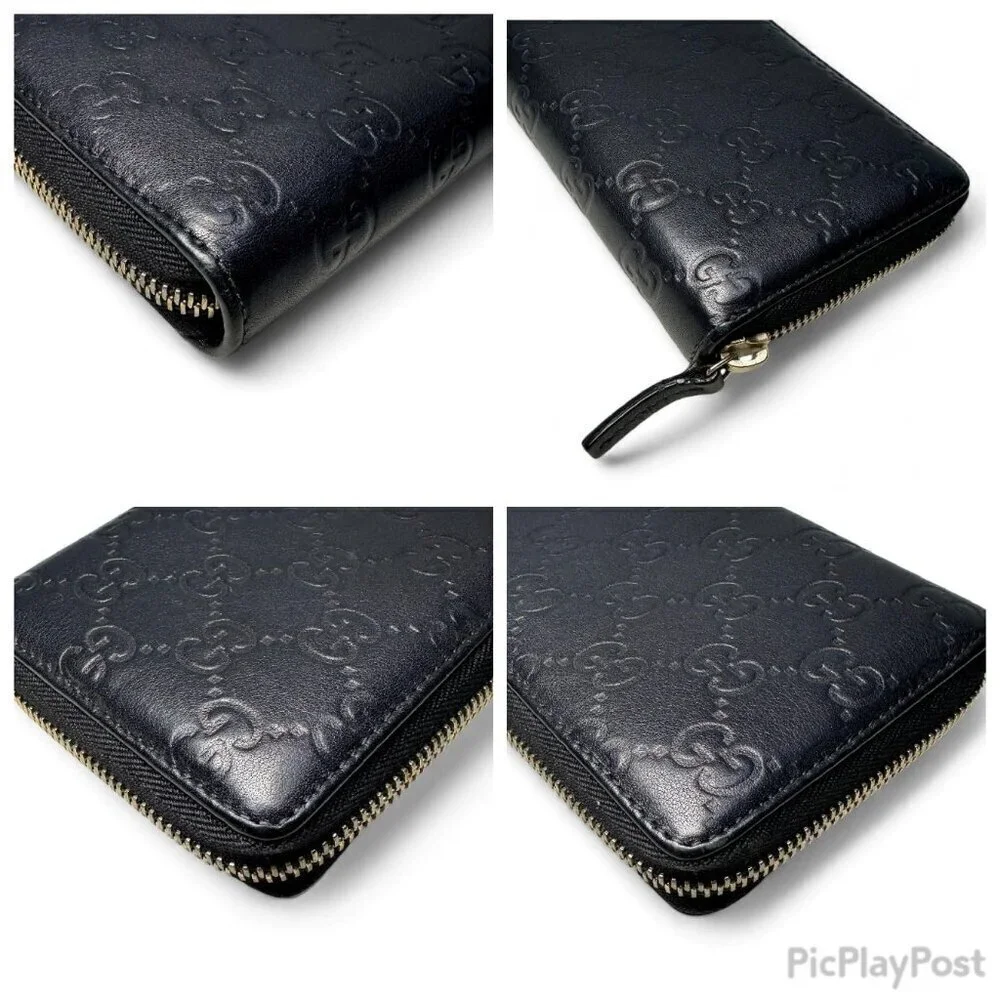 GUCCI Guccissima Leather Zip Around Long Wallet, Black GG Embossed - Picture 9 of 15